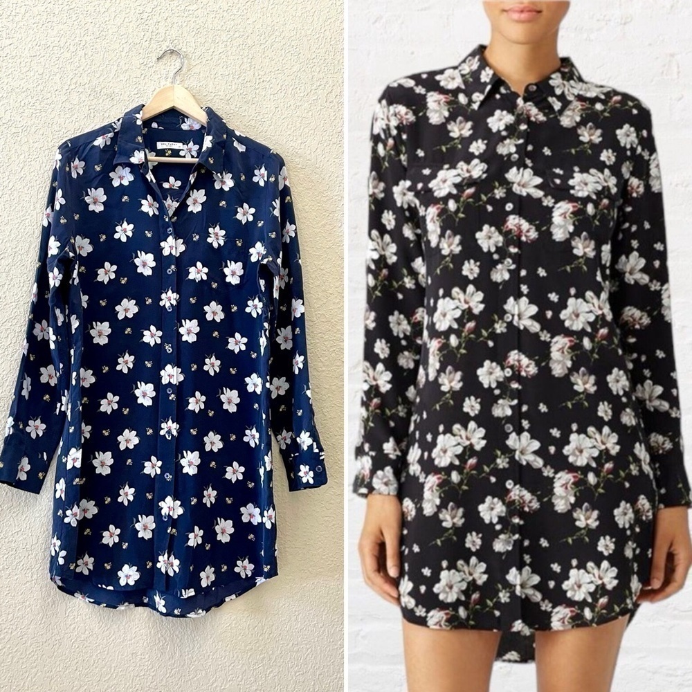 Equipment Dress Button Silk Floral Long Sleeves Casual Cottagecore Blue Large